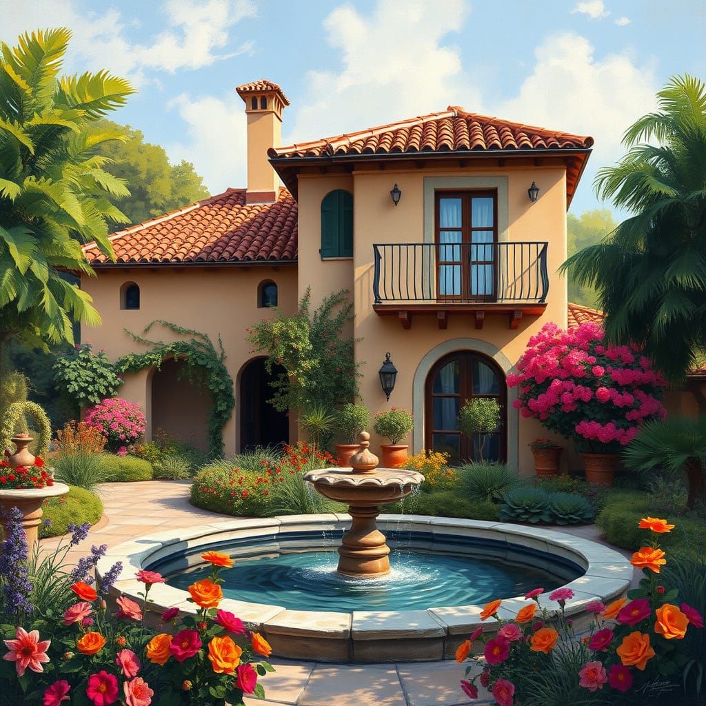 Spanish-Style House in Vibrant Garden Setting