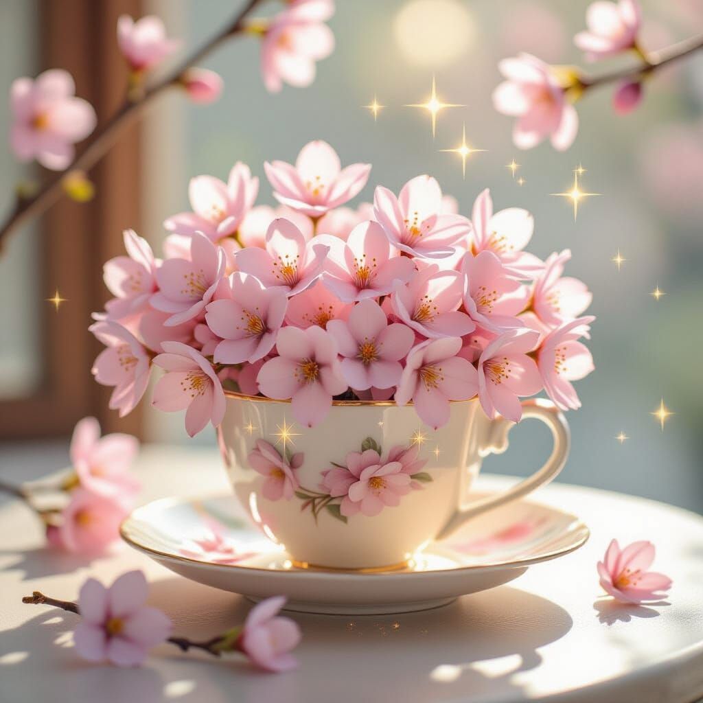 Whimsical Teacup with Blossoms and Stars