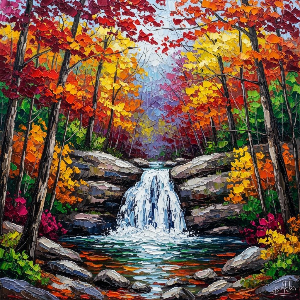 Impasto Autumn Waterfall Painting in Southern Appalachians