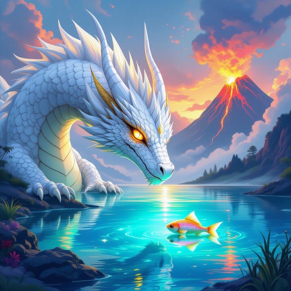 Dragon and Bioluminescent Fish in Surreal Landscape
