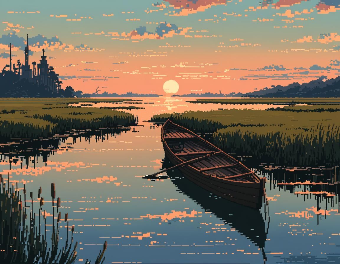 Pixel Art Salt Marsh at Dawn in 16-bit Style