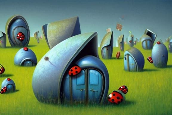 Surreal Bug Motel Scene with Blue Ladybugs