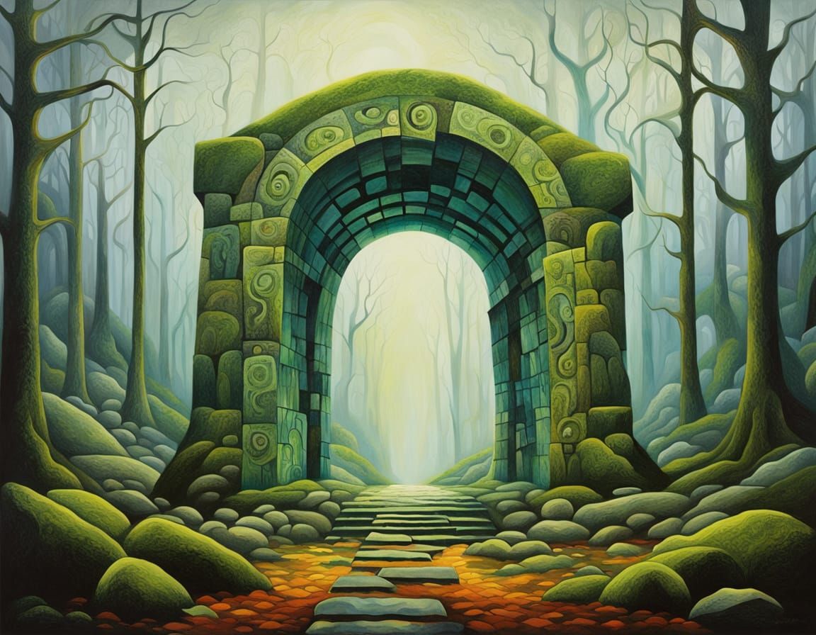Surreal Ancient Archway in Misty Forest, Bold Strokes