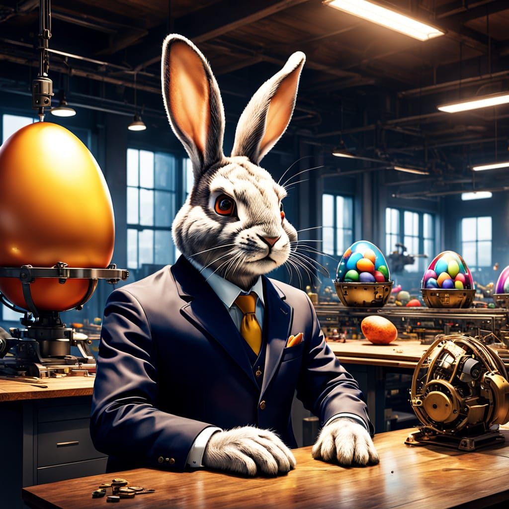 Anthropomorphic Rabbit in Elegant Attire Oversees Easter Egg...