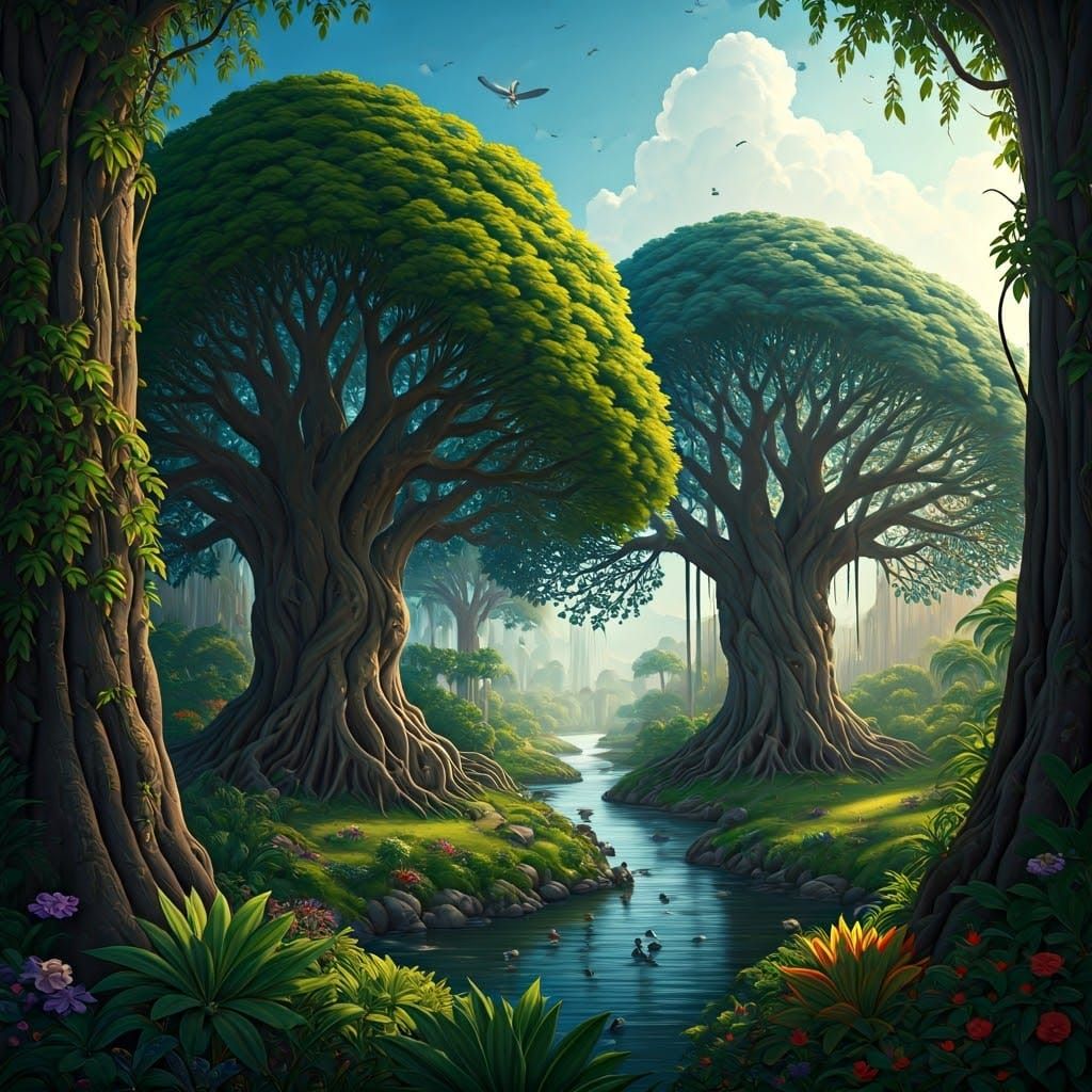 Lush Garden of Eden With Flowing Rivers