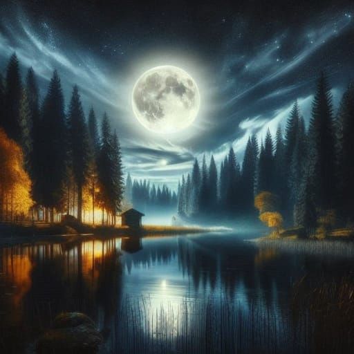 Moonlit Night with Radiant Glow and Vibrant Autumn Leaves