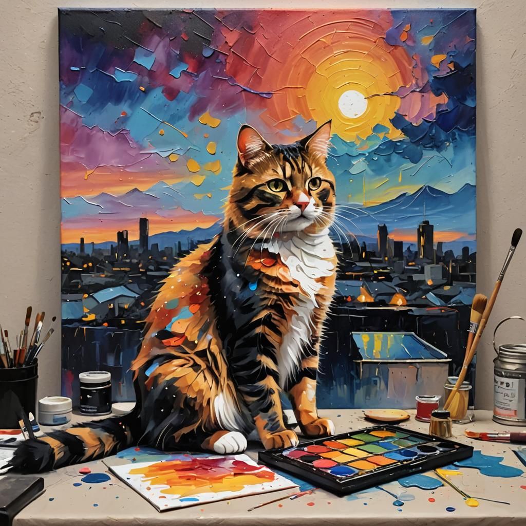 Cat Painter Creates Sunset Canvas Art