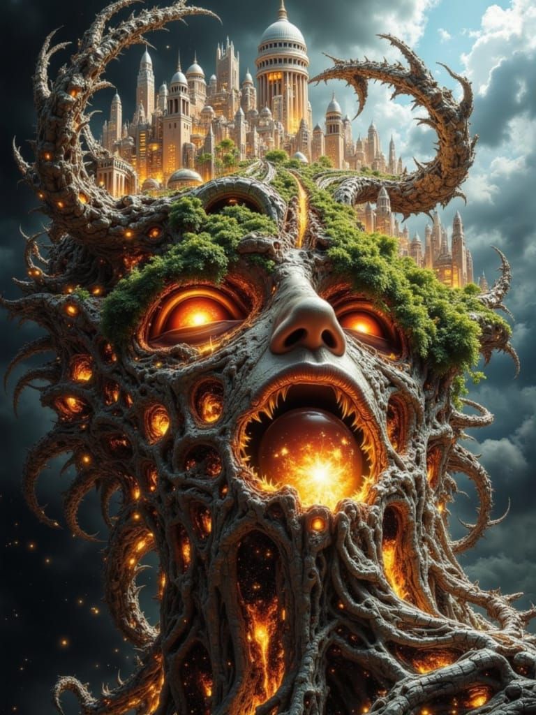 Cyberpunk Man Transcends with Fractal Faced Cities