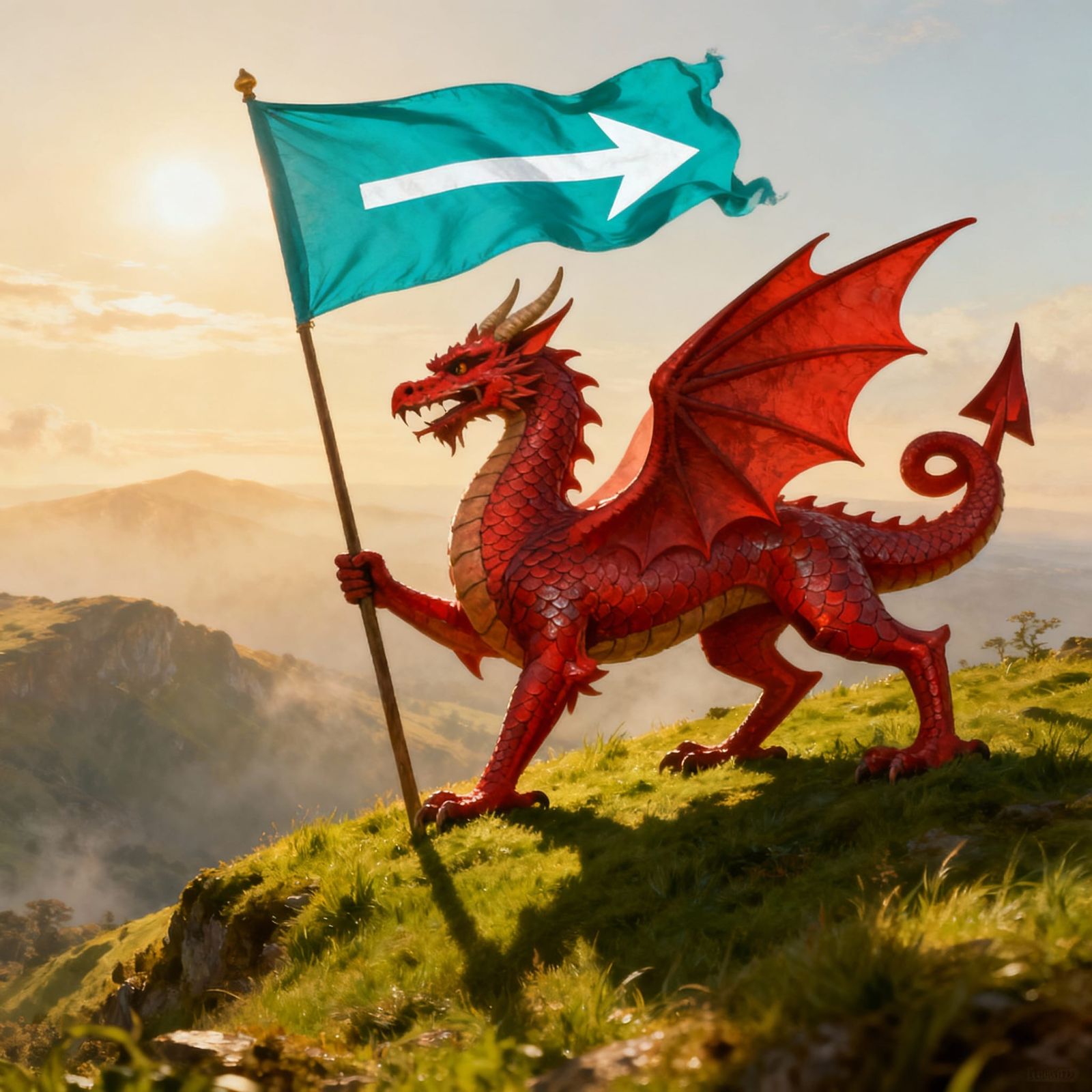 Photorealistic Red Dragon on Hillside with Turquoise Flag