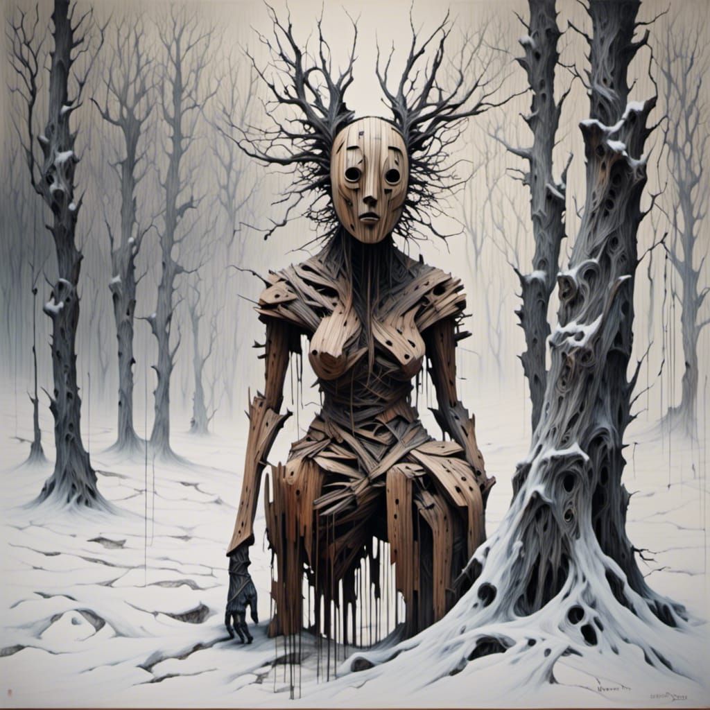 Emotional Woman with Wooden Mask in Snowy Landscape