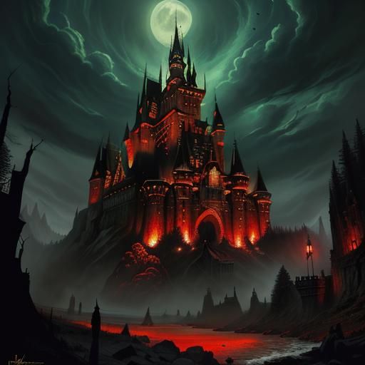 Dracula's Castle: A Horror Illustration in Oil and Ink