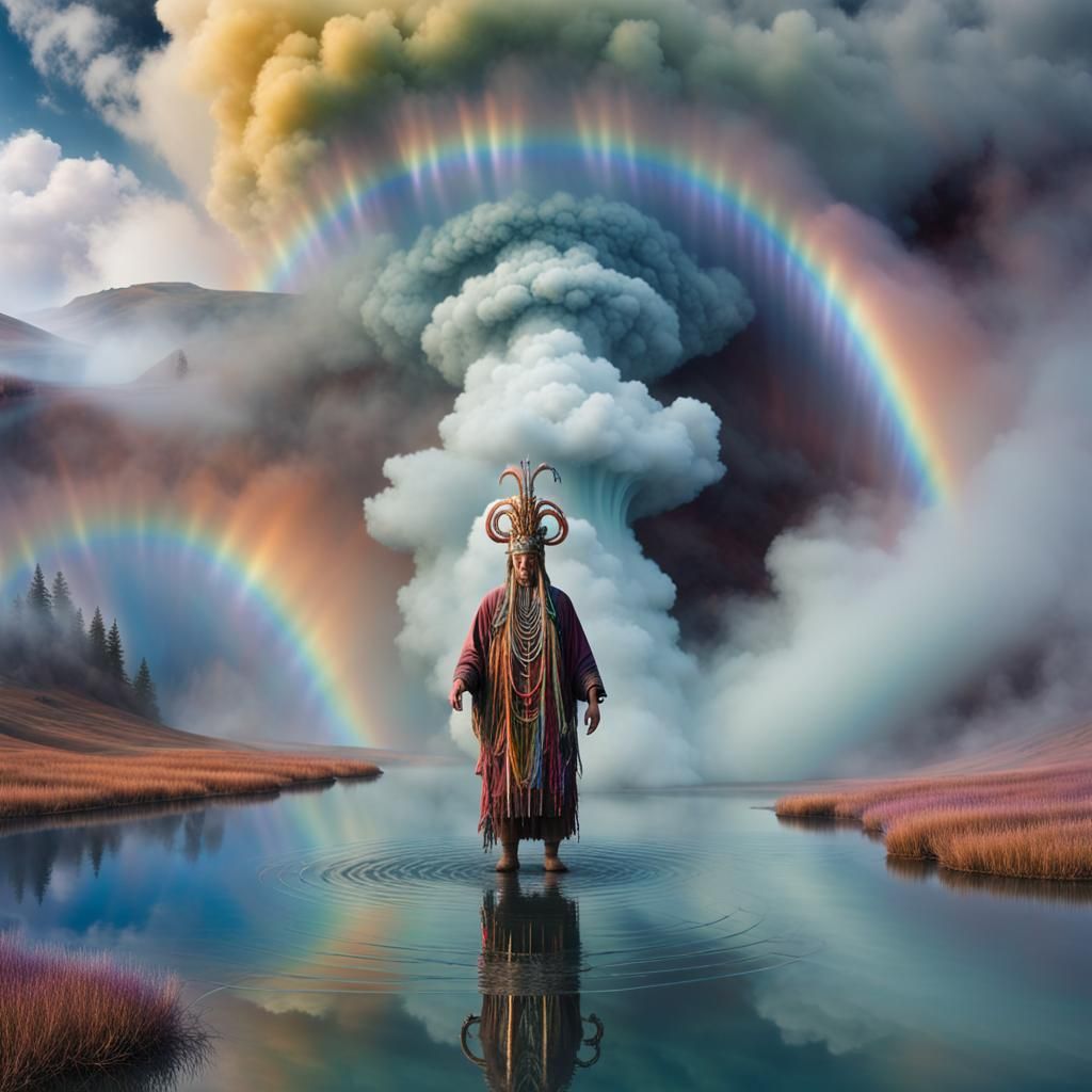 Colorful Non-Newtonian Fluid Lake with Swirling Clouds