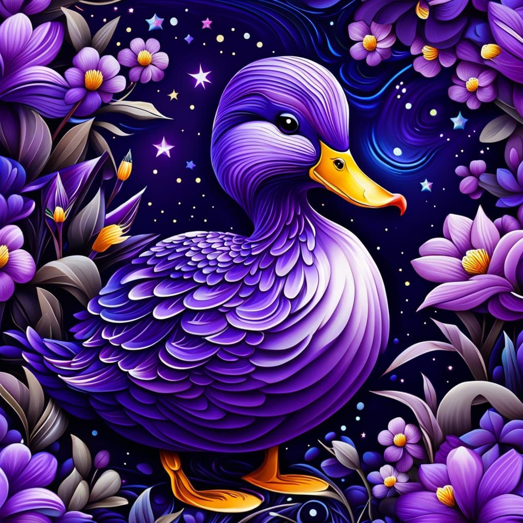 Chibi Purple Duck Under Starry Night in Hyperrealism