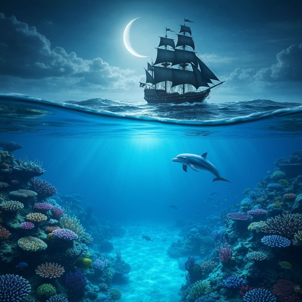 Underwater Reef Meets Pirate Ship Under Moonlit Sky