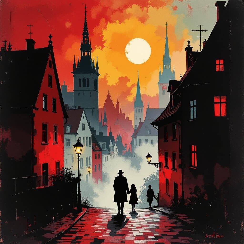 German Expressionist Oil Painting of a Melancholic Walk Home