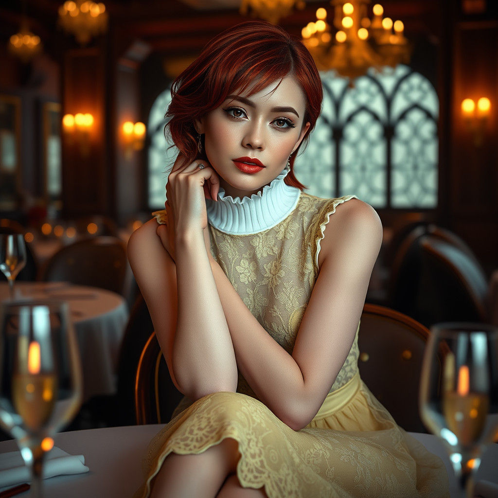 Woman in Yellow Lace Dress, Dreamlike Matte Painting