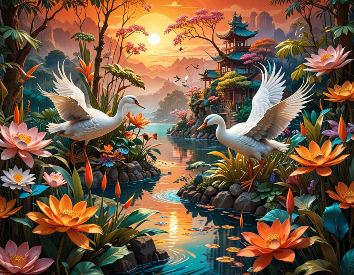 Vibrant Silk Tapestry Art of Nature Reclaiming Lost City