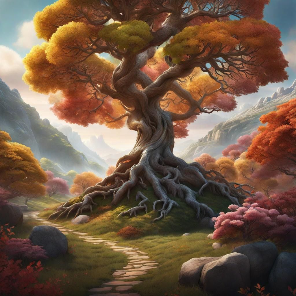 Four Seasons Tree: Hyperdetailed Digital Illustration
