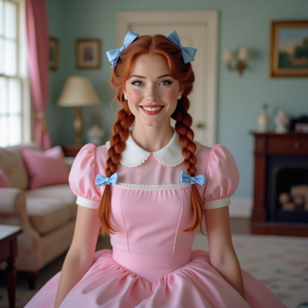 Smiling Woman in Pink Dress with Braided Red Hair
