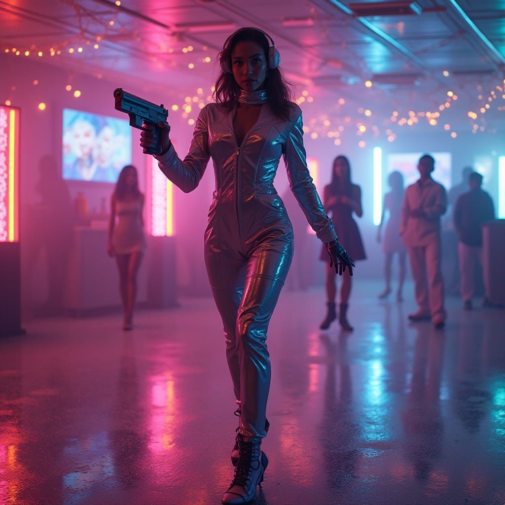 Photorealistic Model Fights Aliens in Neon Disco Ballroom