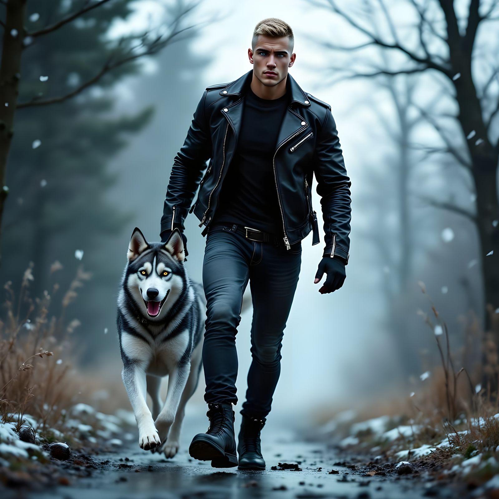Strong-Jawed Man Walks Grey and White Husky in Misty Landsca...