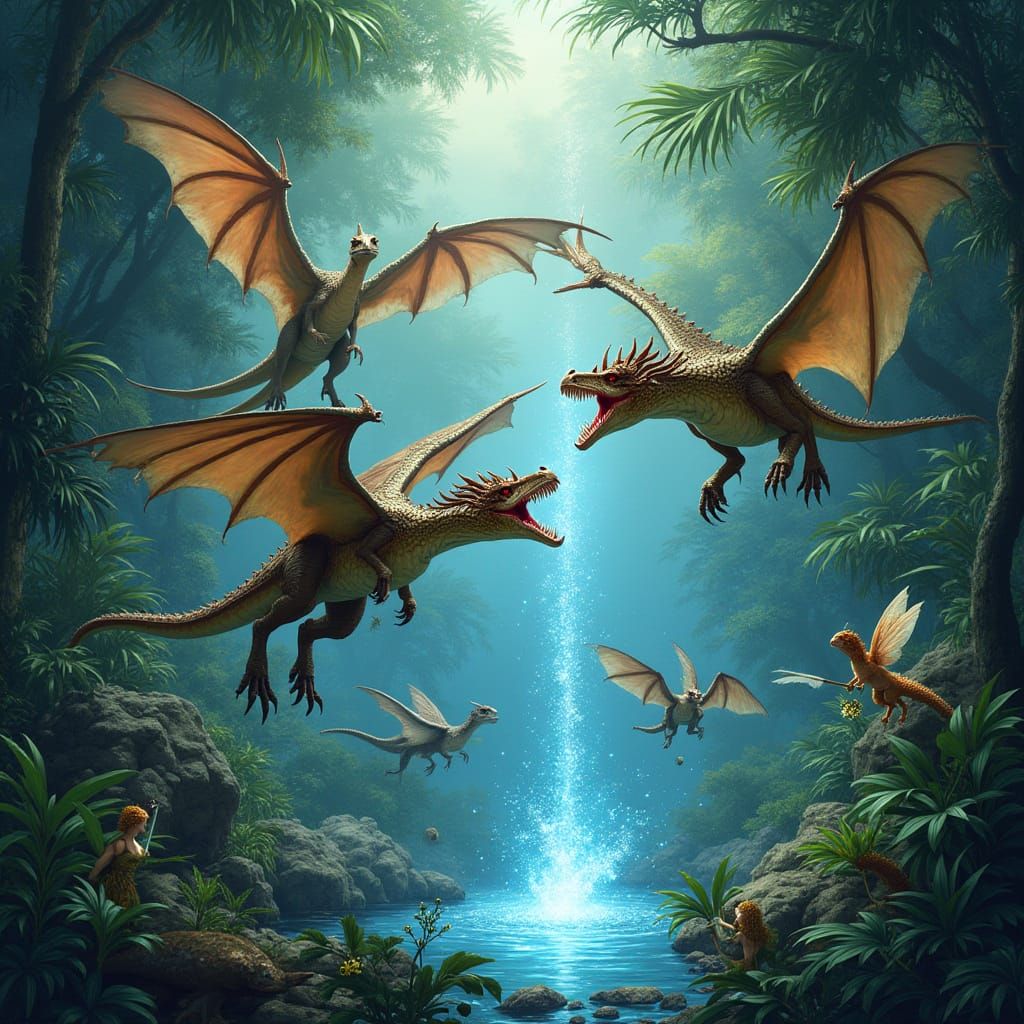 Dragons Battle Pterodactyls Amidst Tropical Dinosaurs