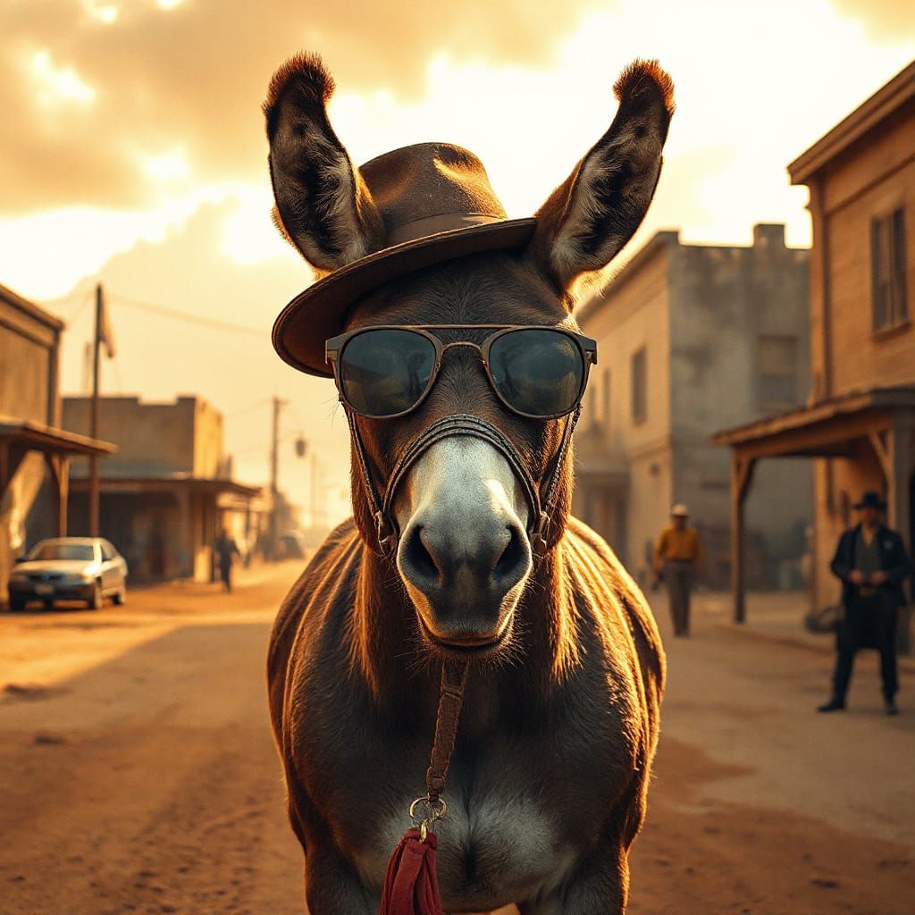 A donkey wearing a hat and sunglasses stands in a dusty, sun-drenched town square.