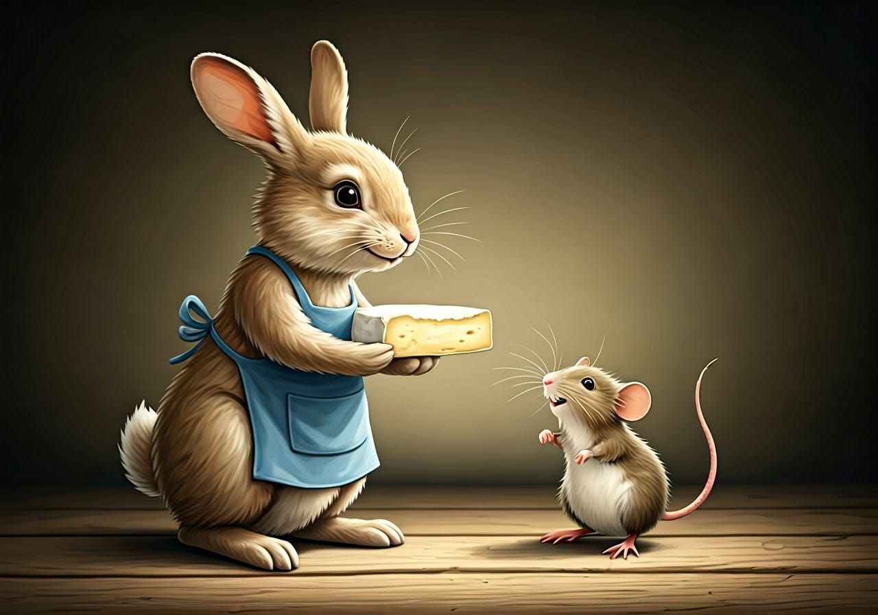 Rabbit Offers Brie to Mouse in French Countryside