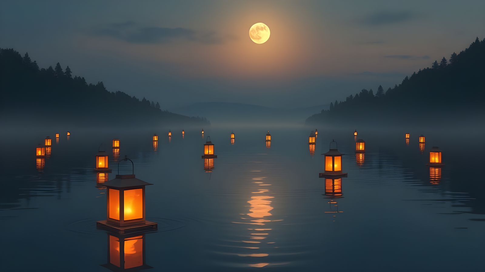 Moonlit Lanterns Reflecting on Lake