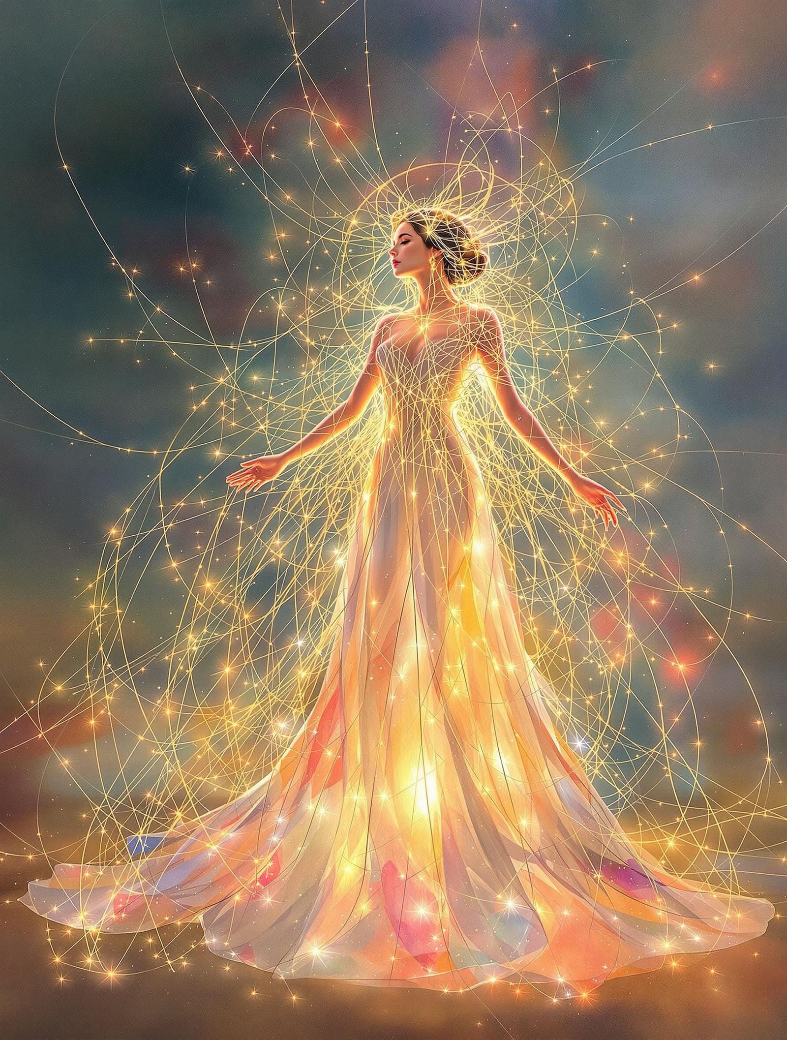 Ethereal Harp Woman in Dreamlike Colors