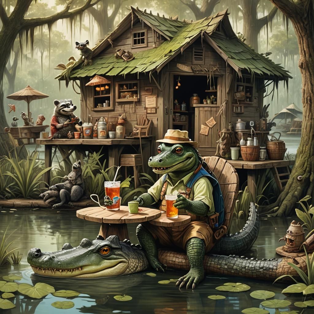Alligator and Raccoon Tea Party in Bayou Hut