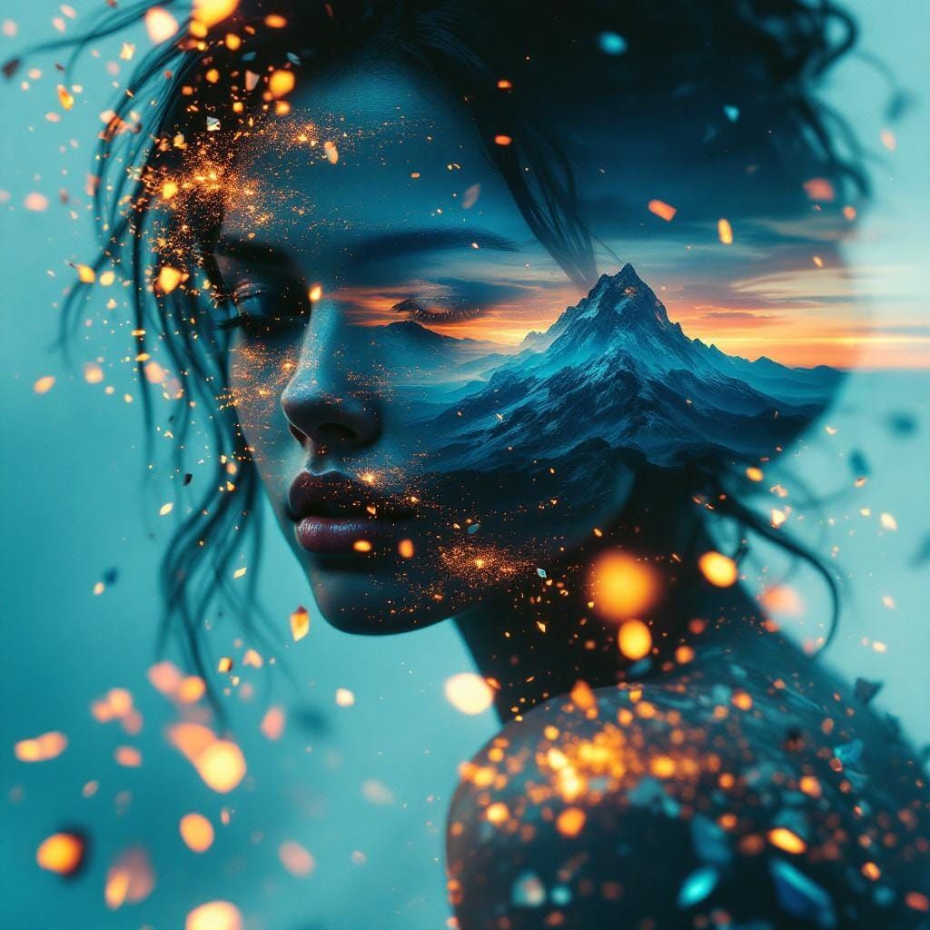 Surreal Woman Portrait with Crystalline Landscapes