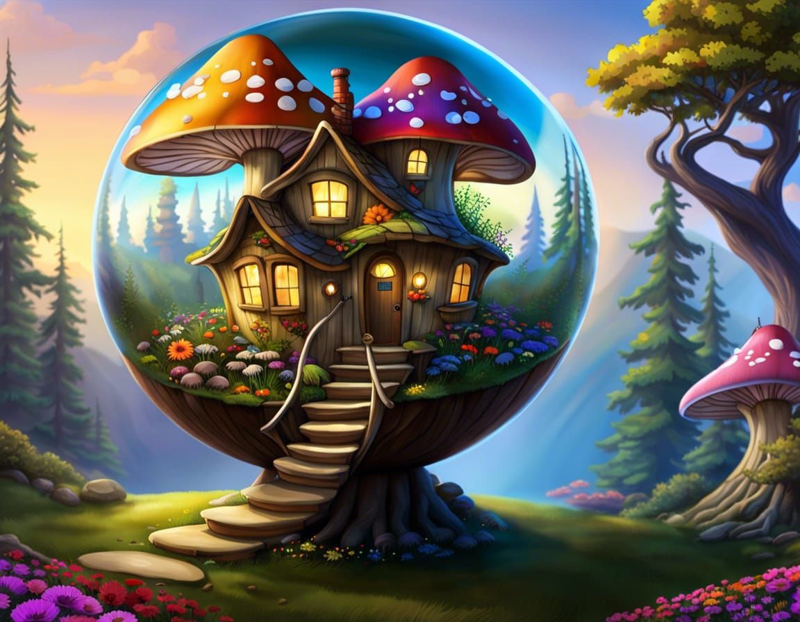 Enchanting Glass Sphere Cottage with Whimsical Flora