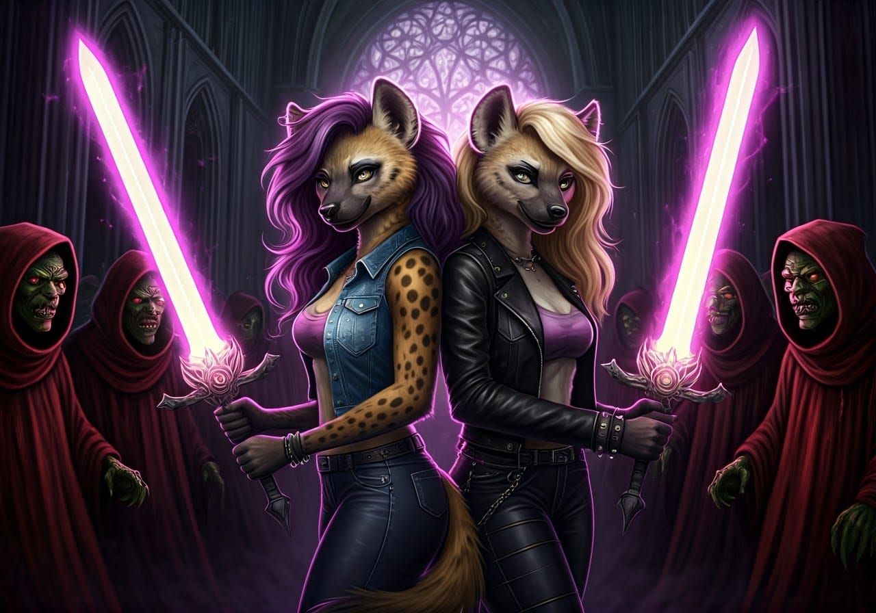 Cyberpunk Goddesses Defend Against Goblin Horde