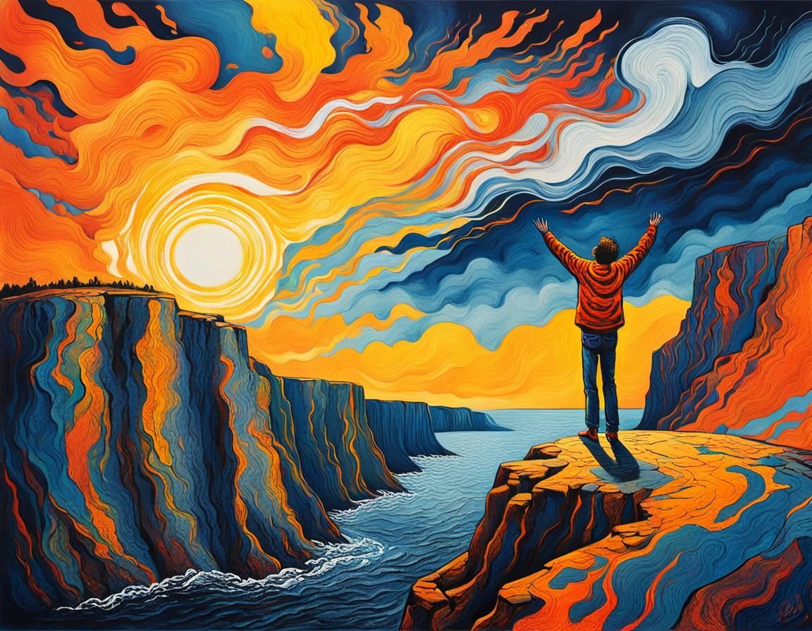 Vibrant Figure on Cliff in Expressionist Fine Line Etching