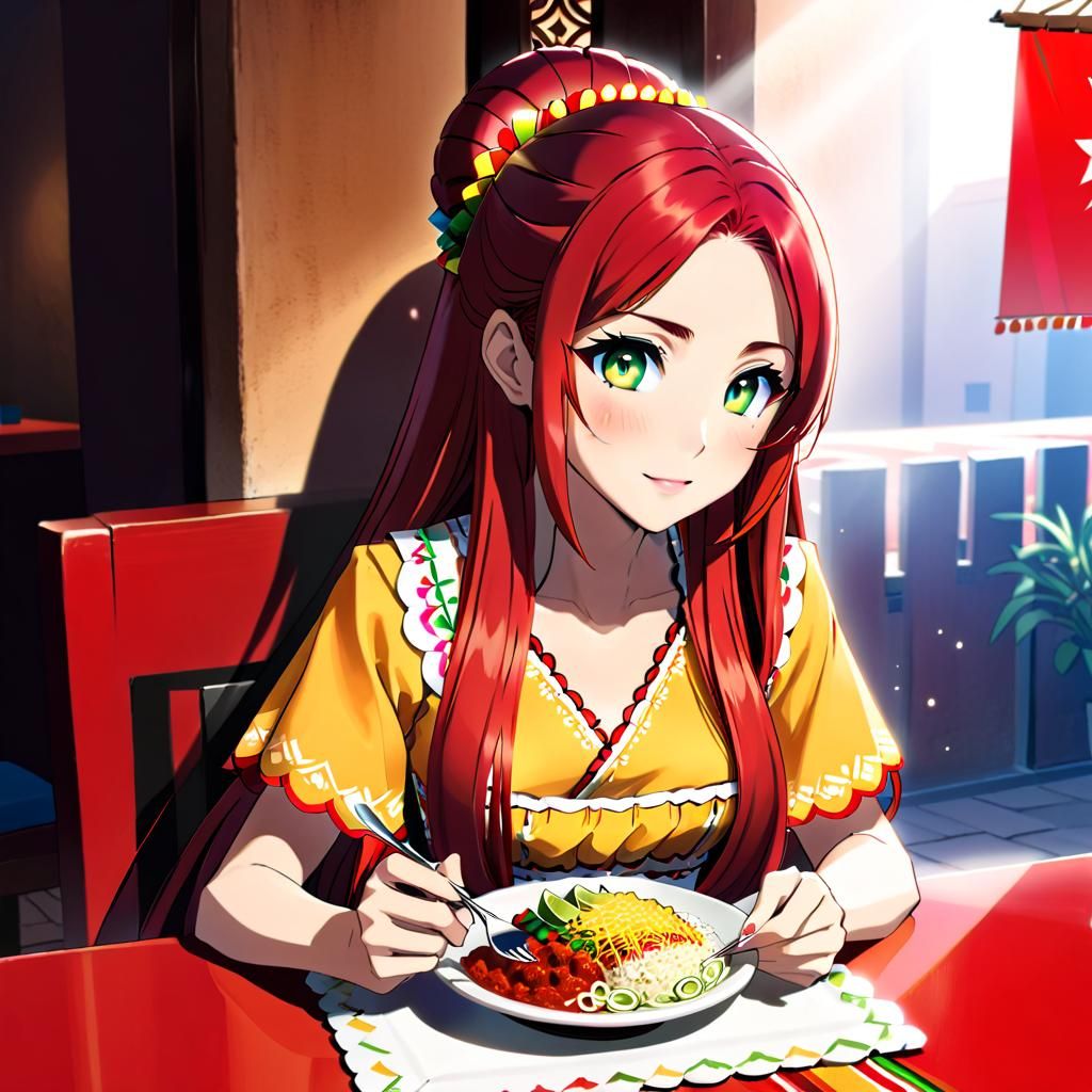 Cute Girl in Mexican Dress Eating Food, Manga Style