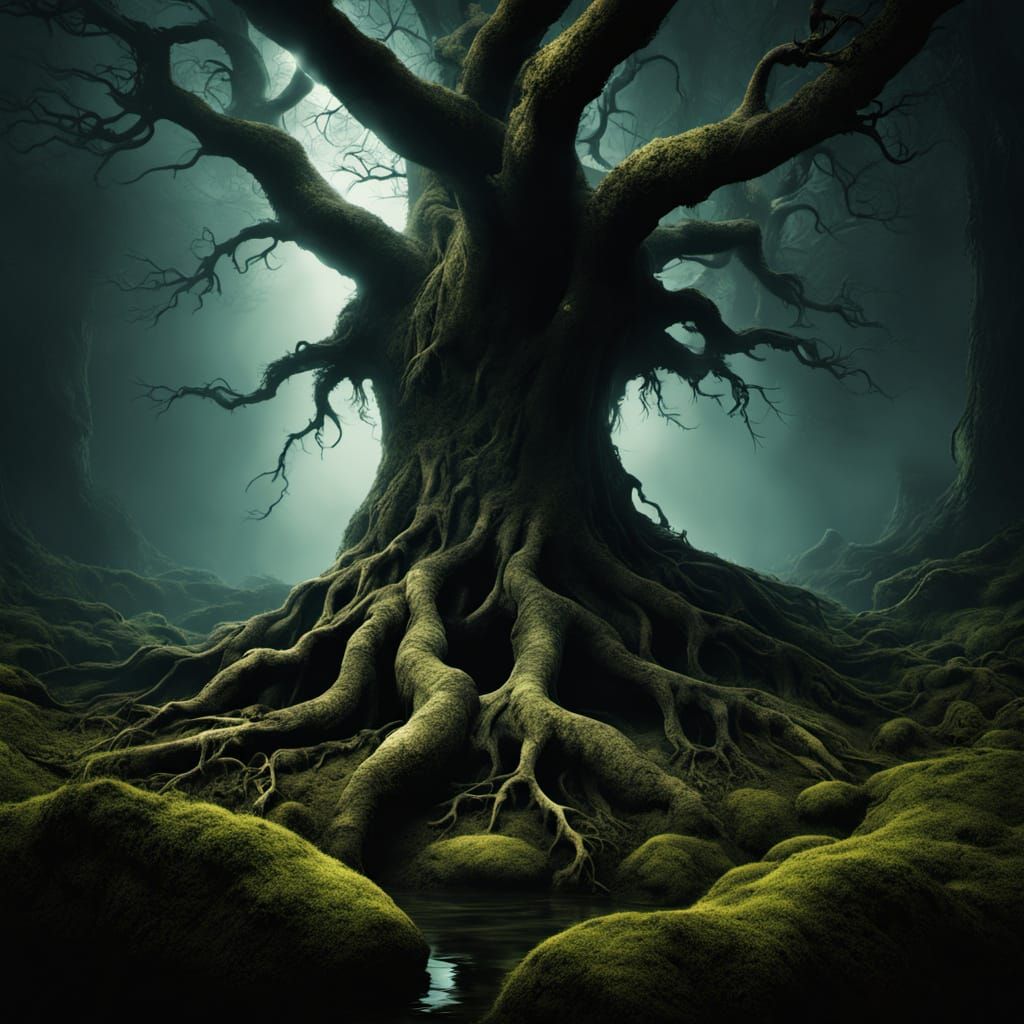 Ancient Tree Root With Glowing Seedlings in Dark Surrealism