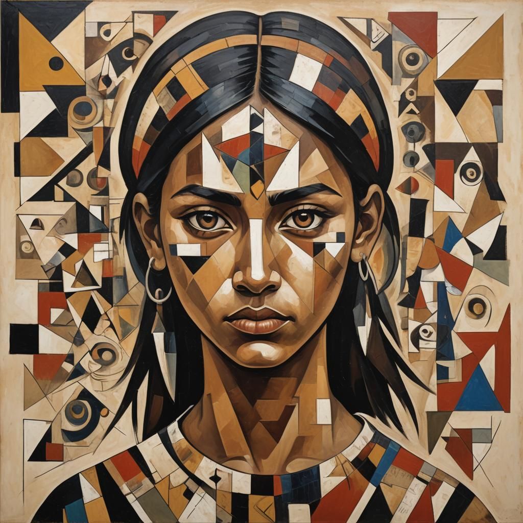 Cubist Portrait of Indigenous Girl in Geometric Forms