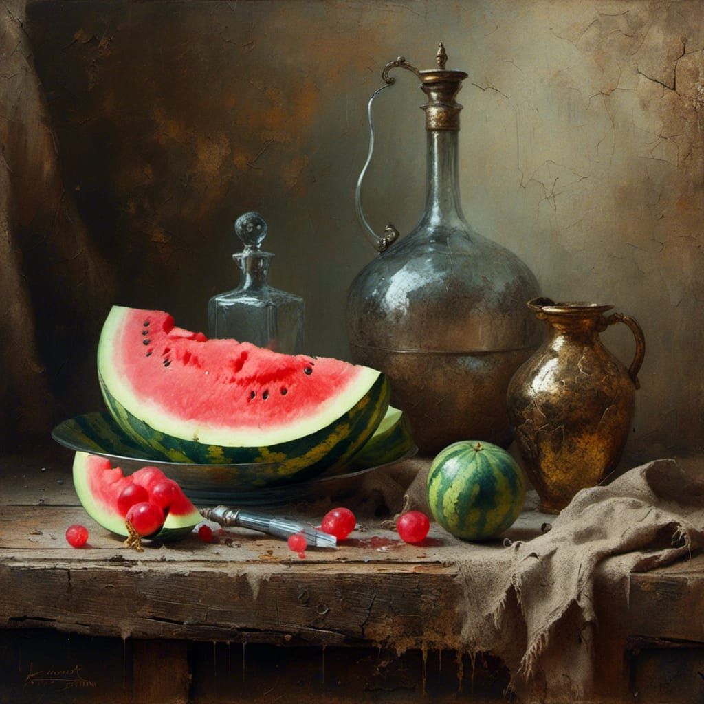 Watermelon Still Life in Oil Paint Style