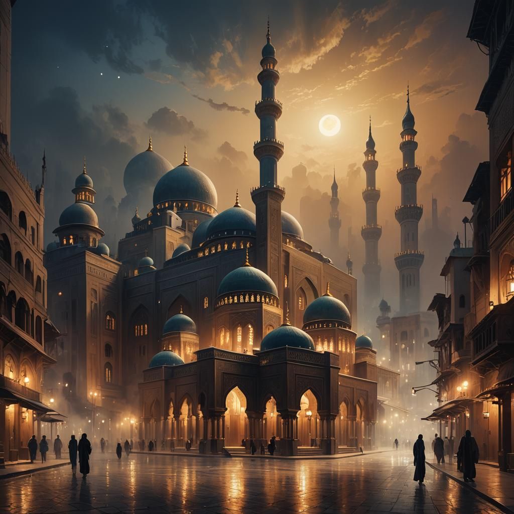 Grand Mosque Amidst Dark Streets at Night