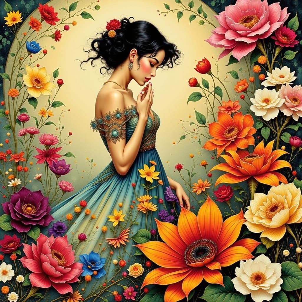 Elegant Woman Surrounded by Vibrant Flowers, Art Nouveau
