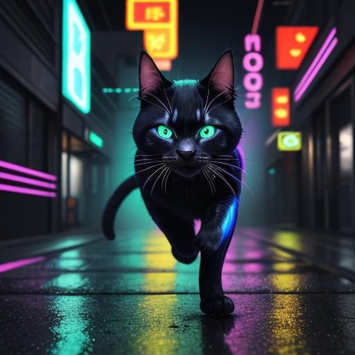 Ninja Cat Runs in Psychedelic Cityscape
