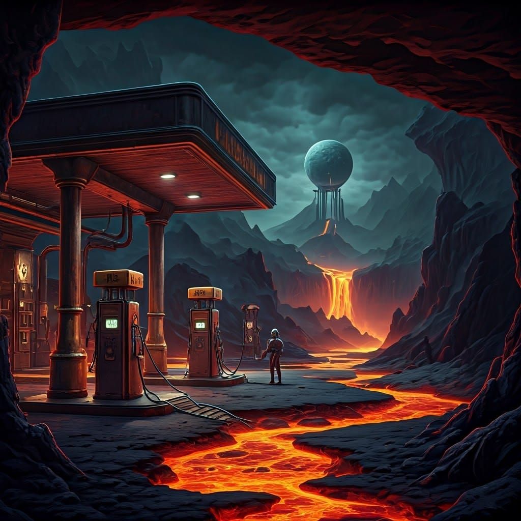 Post-Apocalyptic Alien Gas Station on Volcanic Planet