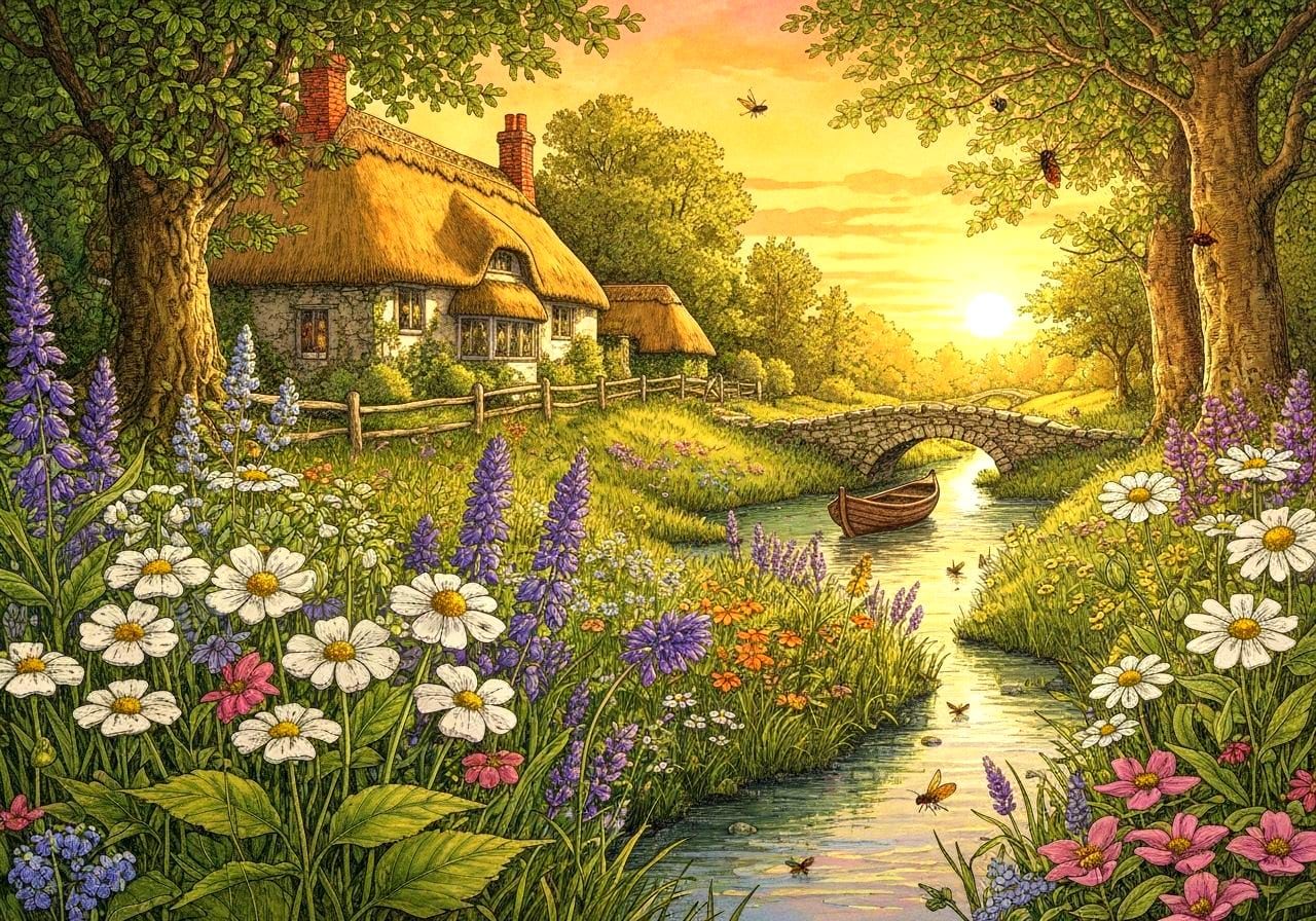 Iridescent Watercolor Garden at Sunset