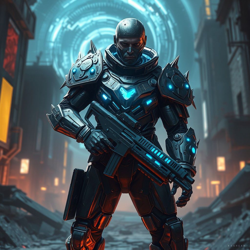 Dystopian Soldier in Exosuit with Assault Rifle