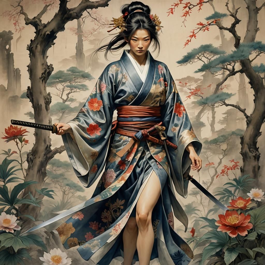 Kimono-clad Japanese Warrior with Katana and Tattoos