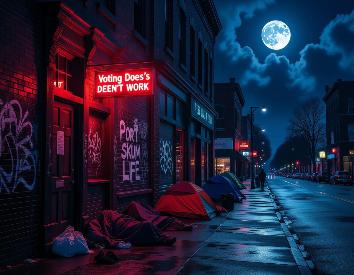 Gritty Portland Street Scene Under Full Moon and Rain