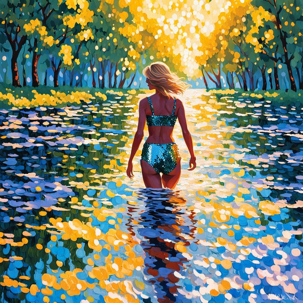 middle aged lady in the Lake Velence with sequin bikini
