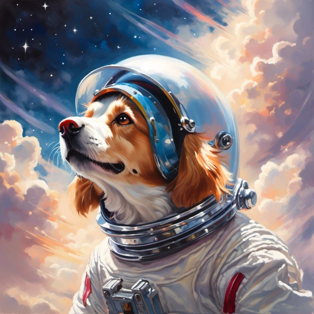 Dog in Space Helmet with Heavenly Light
