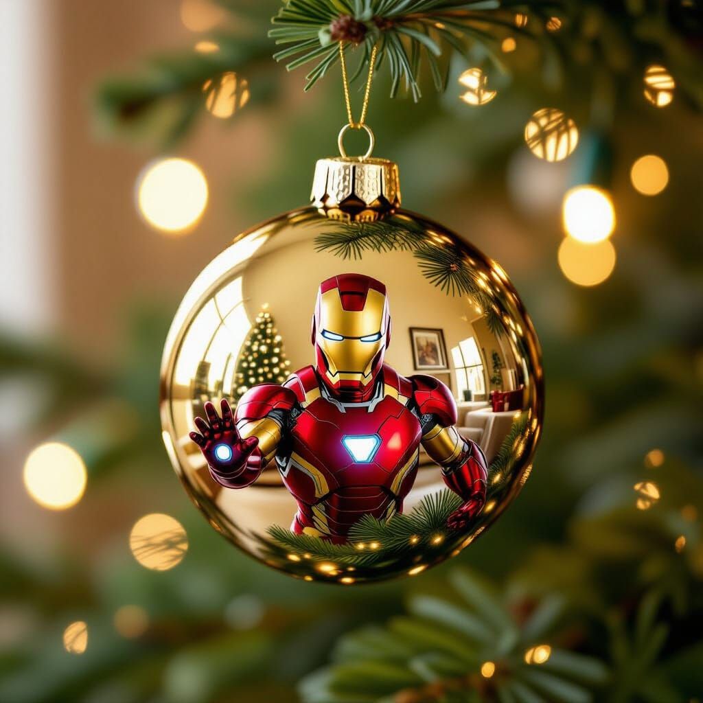 Gold Christmas Bauble Reflecting Iron Man, Photorealistic De...